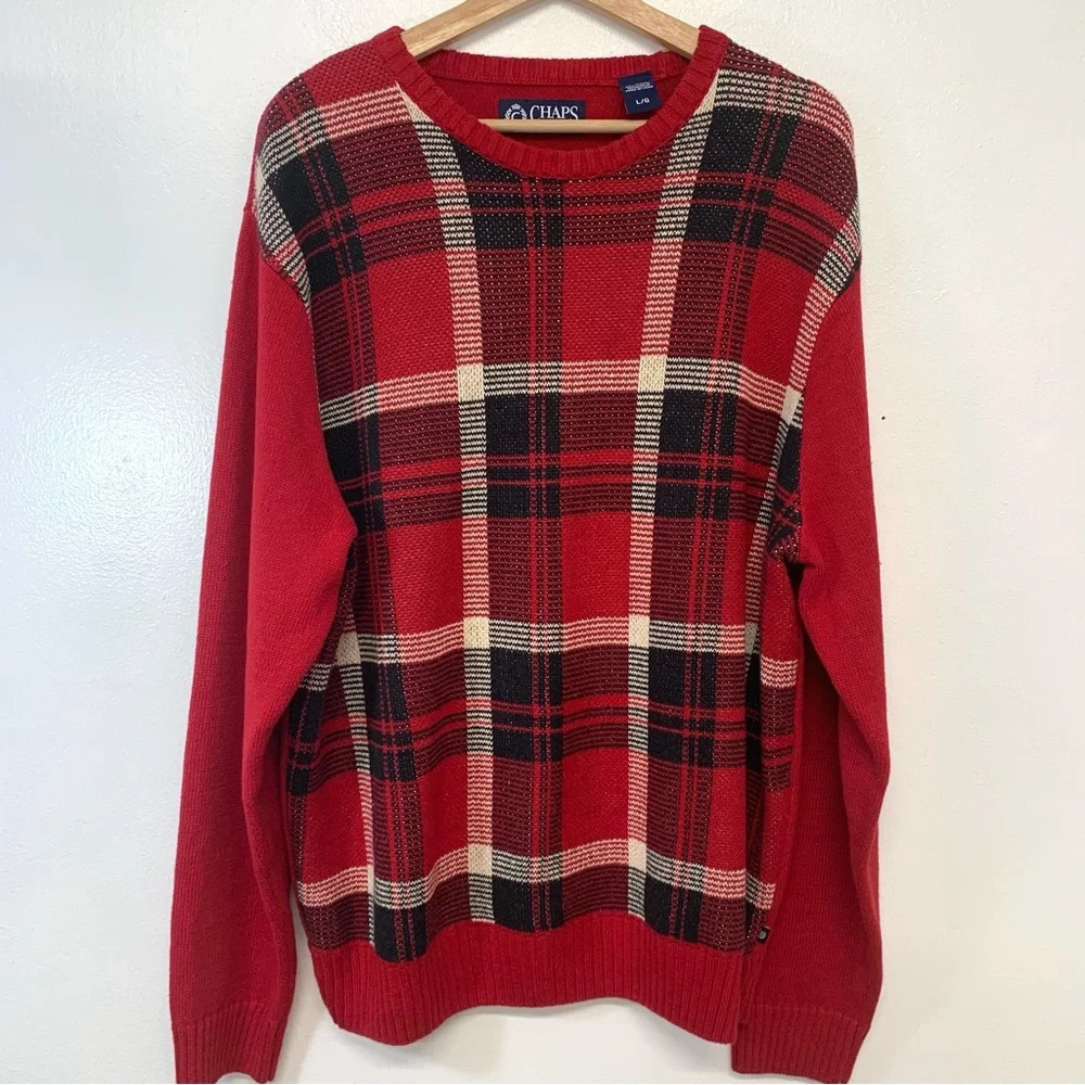 Chaps Red Plaid Crew Neck‎ Sweater Men Large  Grandpa Preppy Casual Holiday Work